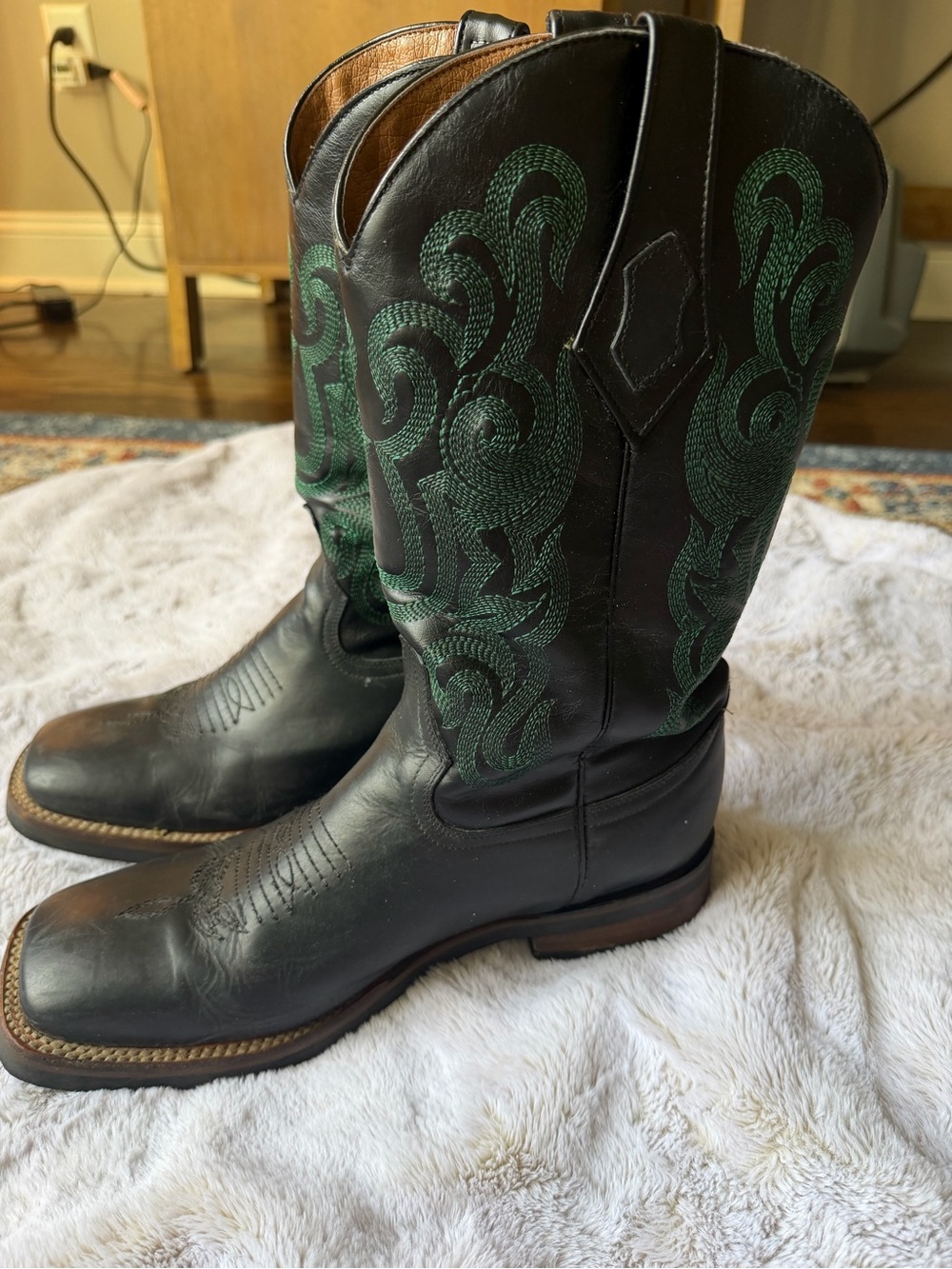 Ferrini Western Boots — Black with Green Stitching — Men’s 9.5